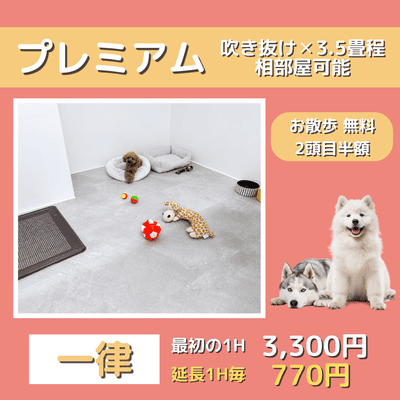 ペットホテル プレミアム 吹き抜け3.5畳程  一律￥3,300 延長￥770 お散歩無料