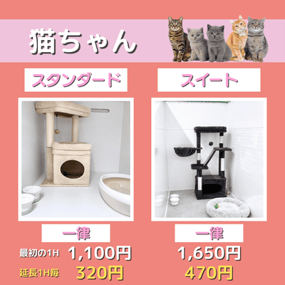 ペットホテル 猫ちゃん スタンダード 一律￥1,100  延長￥320 スイート 一律￥1,650  延長￥470