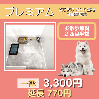 ペットホテル プレミアム 吹き抜け3.5畳程  一律￥3,300 延長￥770 お散歩無料