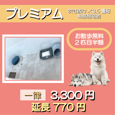 ペットホテル プレミアム 吹き抜け3.5畳程  一律￥3,300 延長￥770 お散歩無料