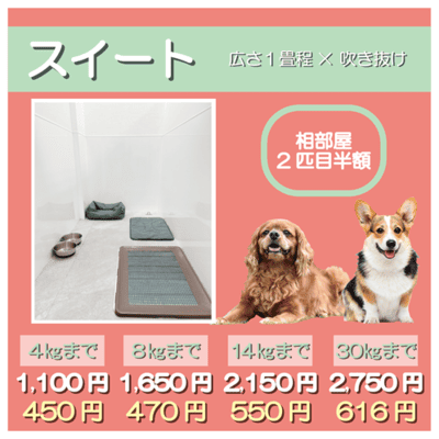 ペットホテル スイート 吹き抜け１畳程 相部屋2匹目半額 【4㎏まで】￥1,100 延長￥450 【8㎏まで】￥1,650  延長￥470【14㎏まで】￥2,150 延長￥550 【30㎏まで】￥2,750 延長￥616