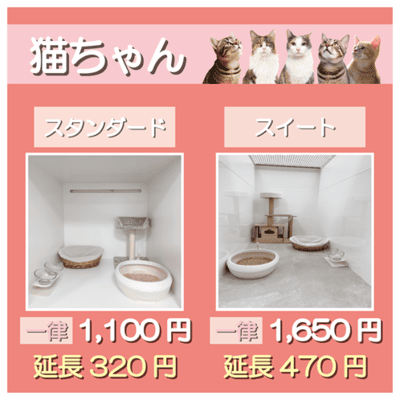 ペットホテル 猫ちゃん スタンダード 一律￥1,100  延長￥320 スイート 一律￥1,650  延長￥470