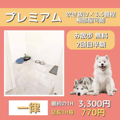 ペットホテル プレミアム 吹き抜け3.5畳程  一律￥3,300 延長￥770 お散歩無料