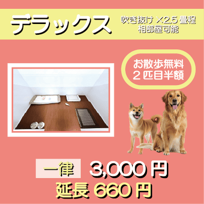 ペットホテル デラックス 吹き抜け2.5畳程 相部屋可能  一律￥3,000 延長￥660 お散歩無料