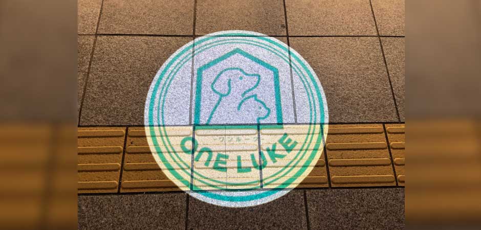 松本市中央のペットトリミング・ホテルならワンルーク松本店　店舗前のロゴ投影ライト