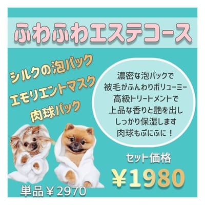 ふわふわエステコース エモリエントマスク＋シルクの泡パック＋肉球パック セット価格1,980円 単品2,970円