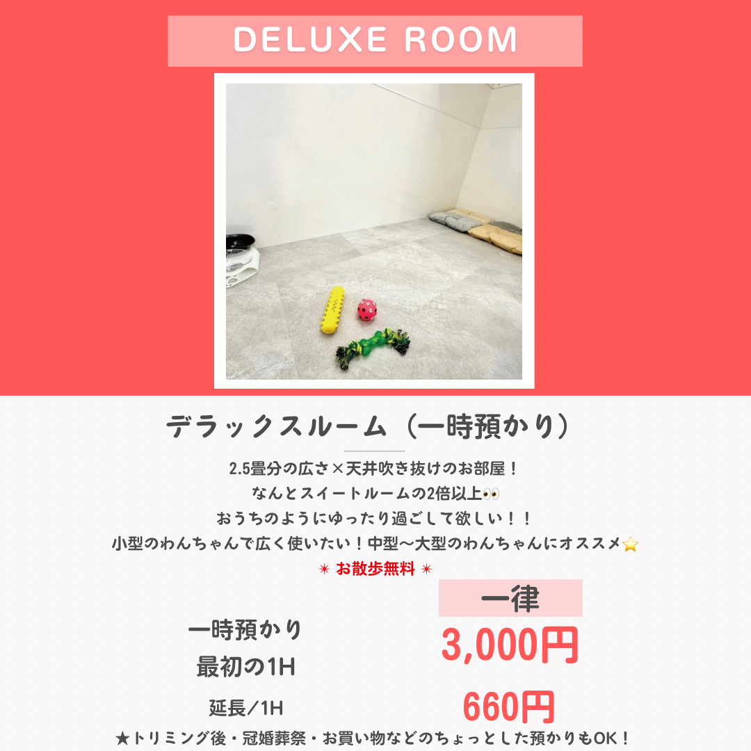 ペットホテル デラックス 吹き抜け2.5畳程 相部屋可能  一律￥3,000 延長￥660 お散歩無料