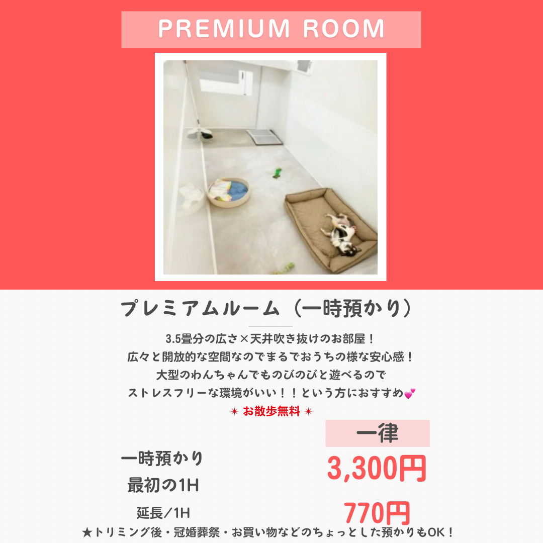 ペットホテル プレミアム 吹き抜け3.5畳程  一律￥3,300 延長￥770 お散歩無料