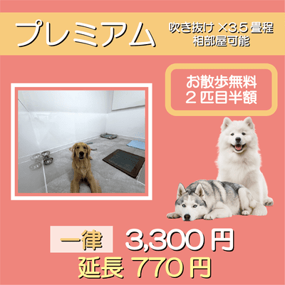 ペットホテル プレミアム 吹き抜け3.5畳程  一律￥3,300 延長￥770 お散歩無料