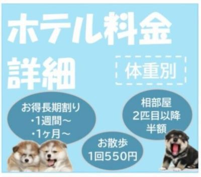 一時預かり料金詳細 相部屋2匹目以降半額 1時間〜9時間までの料金