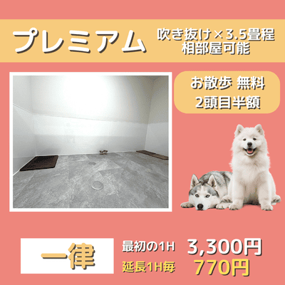 ペットホテル プレミアム 吹き抜け3.5畳程  一律￥3,300 延長￥770 お散歩無料