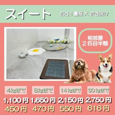 ペットホテル スイート 吹き抜け１畳程 相部屋2匹目半額 【4㎏まで】￥1,100 延長￥450 【8㎏まで】￥1,650  延長￥470【14㎏まで】￥2,150 延長￥550 【30㎏まで】￥2,750 延長￥616