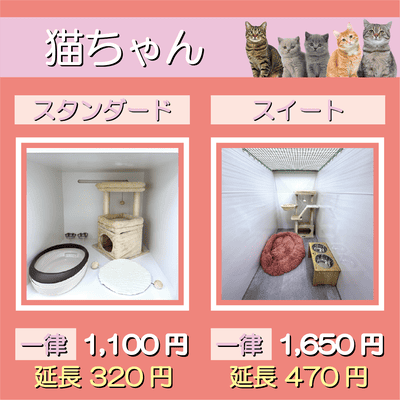 ペットホテル 猫ちゃん スタンダード 一律￥1,100  延長￥320 スイート 一律￥1,650  延長￥470