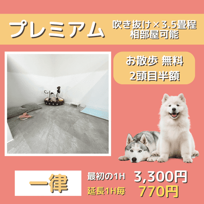 ペットホテル プレミアム 吹き抜け3.5畳程  一律￥3,300 延長￥770 お散歩無料