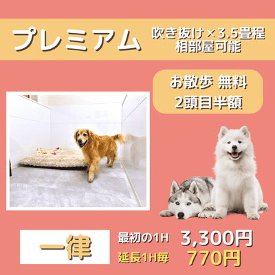 ペットホテル プレミアム 吹き抜け3.5畳程  一律￥3,300 延長￥770 お散歩無料