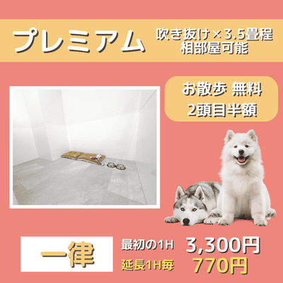 ペットホテル プレミアム 吹き抜け3.5畳程  一律￥3,300 延長￥770 お散歩無料