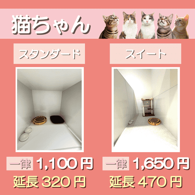 ペットホテル 猫ちゃん スタンダード 一律￥1,100  延長￥320 スイート 一律￥1,650  延長￥470