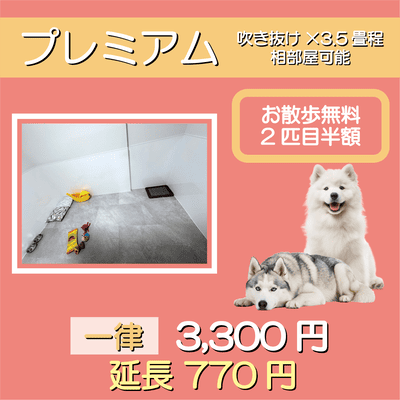 ペットホテル プレミアム 吹き抜け3.5畳程  一律￥3,300 延長￥770 お散歩無料