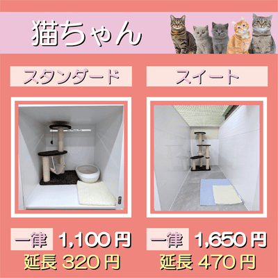 ペットホテル 猫ちゃん スタンダード 一律￥1,100  延長￥320 スイート 一律￥1,650  延長￥470
