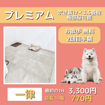 ペットホテル プレミアム 吹き抜け3.5畳程  一律￥3,300 延長￥770 お散歩無料