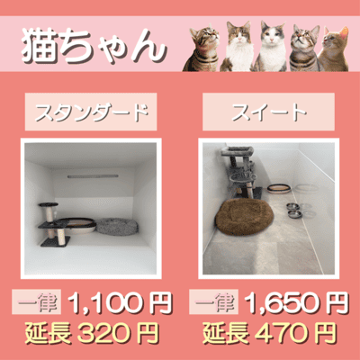 ペットホテル 猫ちゃん スタンダード 一律￥1,100  延長￥320 スイート 一律￥1,650  延長￥470