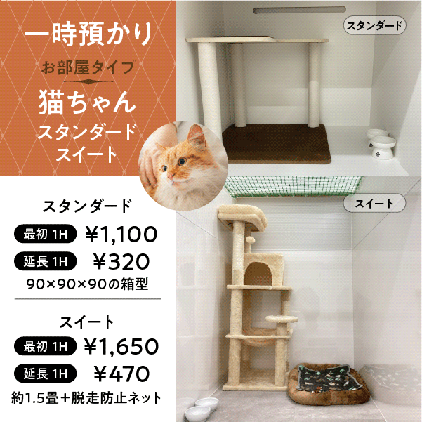ペットホテル 猫ちゃん スタンダード 一律￥1,100  延長￥320 スイート 一律￥1,650  延長￥470