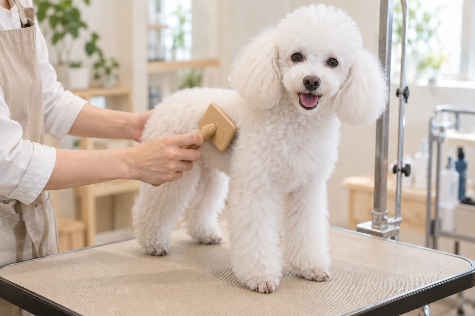サロンで白い小型犬を優しくブラッシングする様子