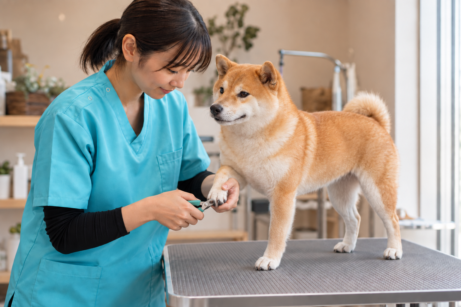 安定して立つ柴犬の前足を優しく支え、トリマーが爪先をケアする様子