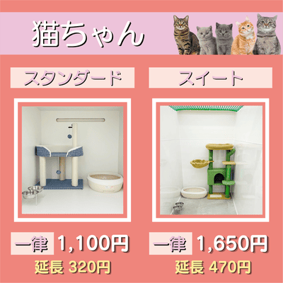 ペットホテル 猫ちゃん スタンダード 一律￥1,100  延長￥320 スイート 一律￥1,650  延長￥470