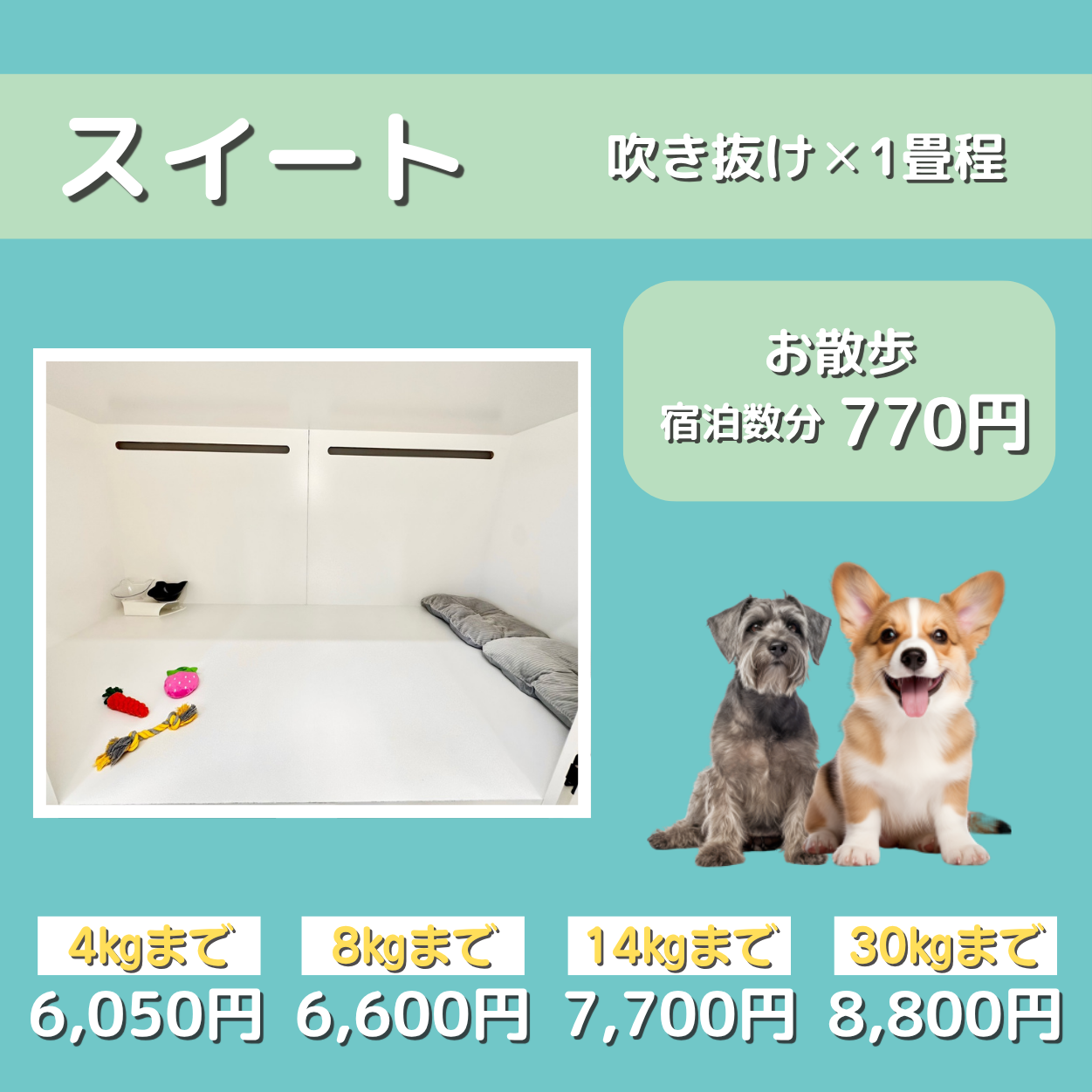 ペットホテル スイート 吹き抜け１畳程 お散歩550円で宿泊分対応 【5㎏まで】￥6,050 【8㎏まで】￥6,600 【14㎏まで】￥7,700 【30㎏まで】￥8,800