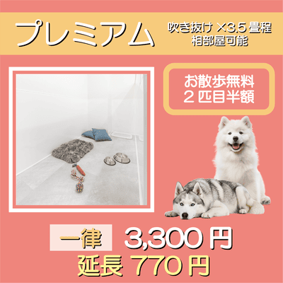 ペットホテル プレミアム 吹き抜け3.5畳程  一律￥3,300 延長￥770 お散歩無料