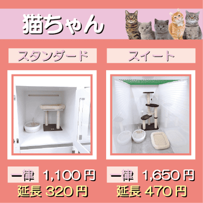 ペットホテル 猫ちゃん スタンダード 一律￥1,100  延長￥320 スイート 一律￥1,650  延長￥470